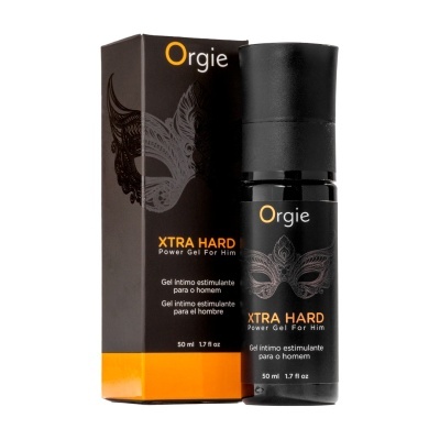 Frasco e caixa do gel íntimo estimulante masculino Orgie XTRA HARD preto e laranja