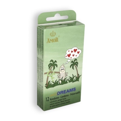 Caixa verde de preservativos AMOR DREAMS com ilustração animada e texto multilingue