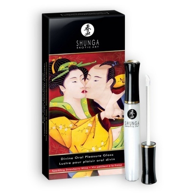 Caixa e frasco de gloss para prazer oral com arte erótica Shunga