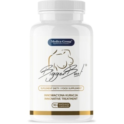 Frasco branco de suplemento alimentar Bigger Bust com tampa branca e rótulo em várias línguas