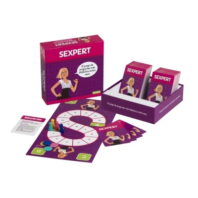 Jogo de tabuleiro SEXPERT em roxo e rosa com cartas e tabuleiro