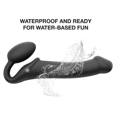 Produto preto com botão e fluxo de água, texto impermeável