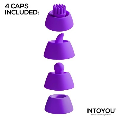 Quatro tampas roxas de silicone com formas distintas e texto explicativo