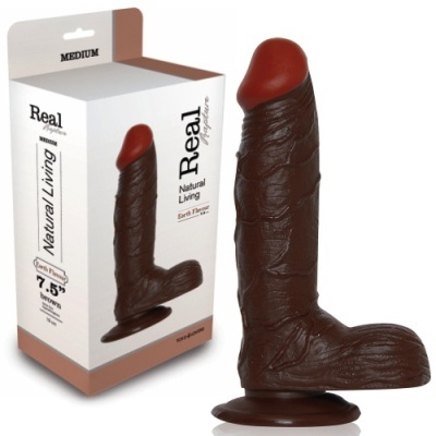 Dildo castanho escuro com base de sucção e embalagem branca