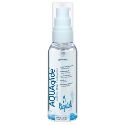 Frasco de lubrificante médico AQUAglide liquid com tampa branca e texto azul