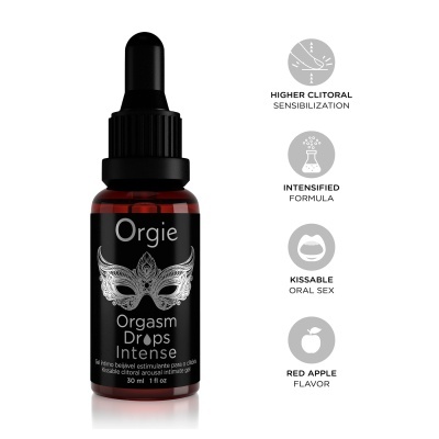 Frasco com conta-gotas preto de gel íntimo beijável com máscara decorativa branca no rótulo.