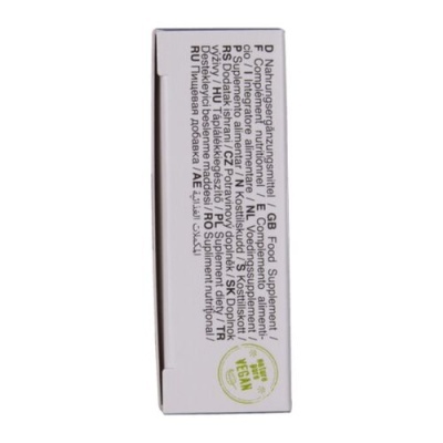 Caixa branca de suplemento alimentar com texto multilingue e selo verde 100% VEGAN