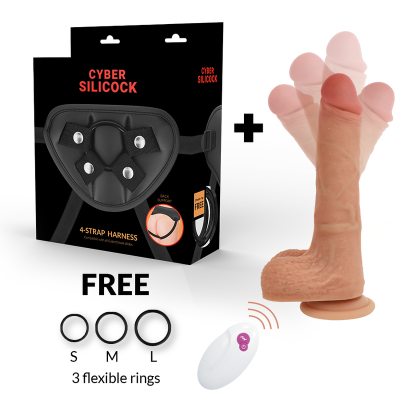 Kit arnês 4-STRAP HARNESS CYBER SILICOCK preto com dildo cor de pele e 3 anéis flexíveis grátis