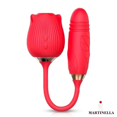 Dispositivo vermelho com forma de rosa e cilindro ligado por cabo flexível em fundo branco, logótipo MARTINELLA