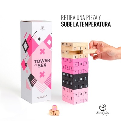 Jogo de blocos de madeira Tower of Sex com caixa branca e rosa.