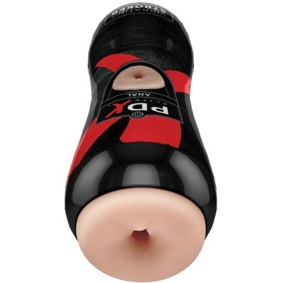 Masturbador masculino preto e vermelho com texto e abertura na extremidade