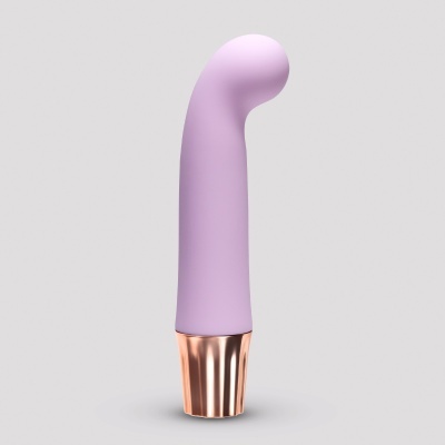 Vibrador roxo com ponta curva e base dourada
