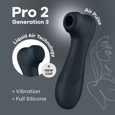 Dispositivo preto ergonómico com tecnologia Liquid Air e texto promocional em fundo cinza