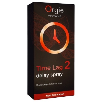 Embalagem preta com detalhes em vermelho e branco do spray Time Lag 2 da Orgie