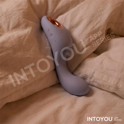 Vibrador cinza com detalhe dourado sobre roupa de cama bege