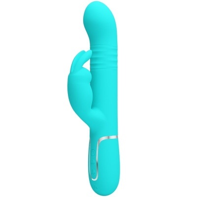 Vibrador azul turquesa com estimulador de coelho lateral e botões na base