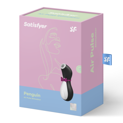 Embalagem rosa e azul do estimulador Satisfyer Penguin Air Pulse com imagem do produto preto e branco com laço roxo.