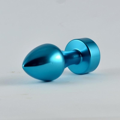 Objeto metálico azul com formato de pêra e base redonda