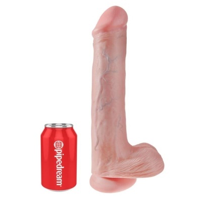 Dildo realista cor de pele ao lado de lata vermelha pipedream