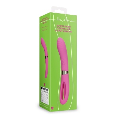 Embalagem verde com vibrador rosa e texto do produto