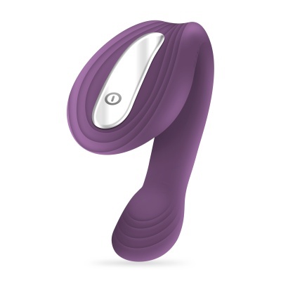 Dispositivo roxo com botão prateado e símbolo de power