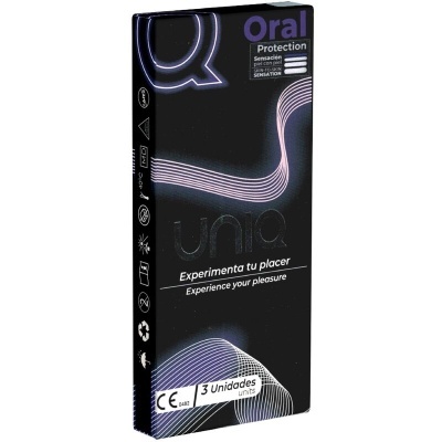 Embalagem preta de preservativos UNIQ oral protection com 3 unidades