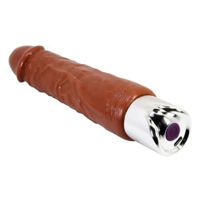 Vibrador castanho com base prateada e botão roxo
