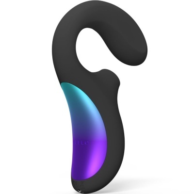 Vibrador preto com detalhes em azul e roxo com marca LELO