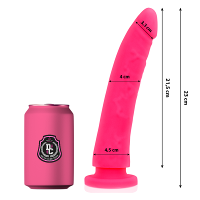 Dildo rosa com medidas ao lado e lata rosa com logótipo DC Delta Club Toys.