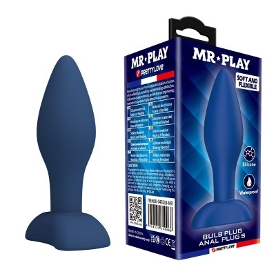 Plug anal azul escuro de silicone com embalagem azul
