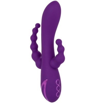 Vibrador roxo com três botões e duas extensões texturizadas.
