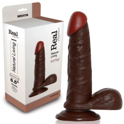 Dildo castanho com glande vermelha e embalagem