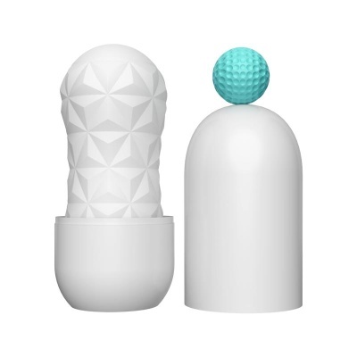 Dois objetos brancos, um com textura geométrica e outro com bola azul turquesa no topo