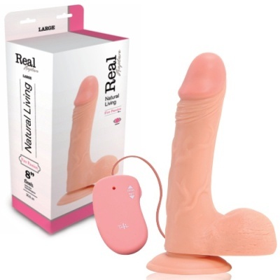 Dildo cor de pele com controle remoto rosa e embalagem Real Natural Living