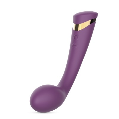Vibrador roxo com detalhes dourados e botões embutidos em fundo branco