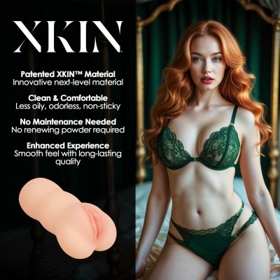 Produto XKIN com modelo de lingerie verde e texto promocional.