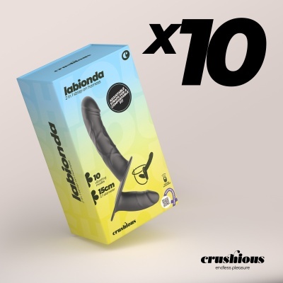 Embalagem de produto labionda 2 em 1 strap on harness azul e amarelo com texto em inglês