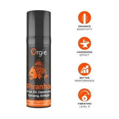 Frasco de creme preto e laranja Piranha com texto e ícones em fundo branco