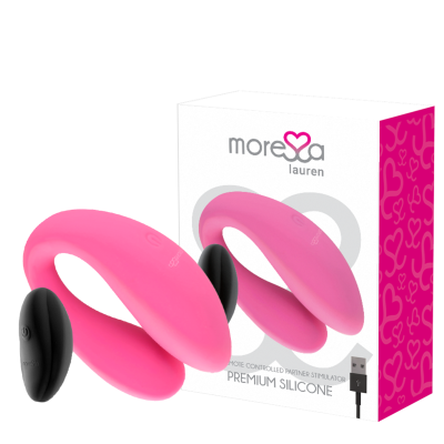 Vibrador rosa em silicone com controlo remoto preto e caixa com design em branco e rosa.