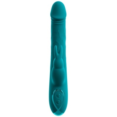 Vibrador azul turquesa com acessório de coelho e dois botões na base