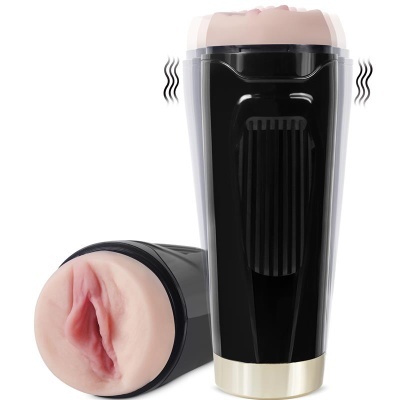 Brinquedo sexual masculino preto com interior cor de pele e textura detalhada