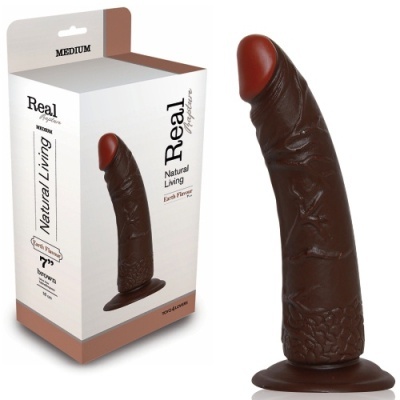 Dildo castanho com embalagem branca e texto