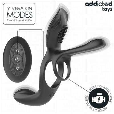 Produto erótico preto com controle remoto e texto sobre modos de vibração