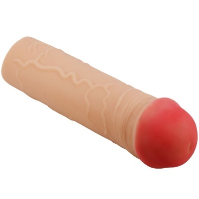 Brinquedo sexual em forma de pénis cor pele com cabeça vermelha e veias em relevo