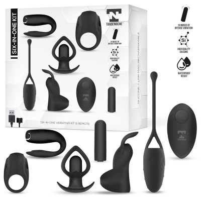 Conjunto de seis vibradores pretos em silicone com controle remoto e caixa