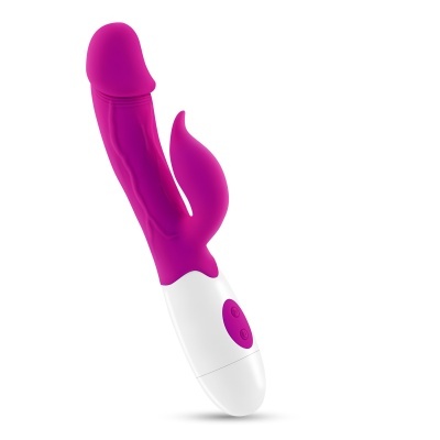 Vibrador roxo em silicone com botões na base branca