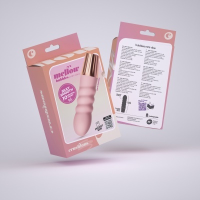 Embalagens de vibradores mini cor de rosa com texto e detalhes