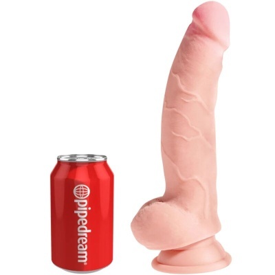 Dildo realista com ventosa ao lado de lata vermelha Pipedream