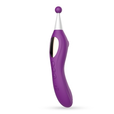 Vibrador roxo com detalhes prateados e botões de controlo