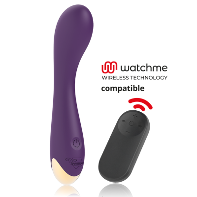 Produto erótico roxo com comando remoto preto e texto watchme WIRELESS TECHNOLOGY compatible